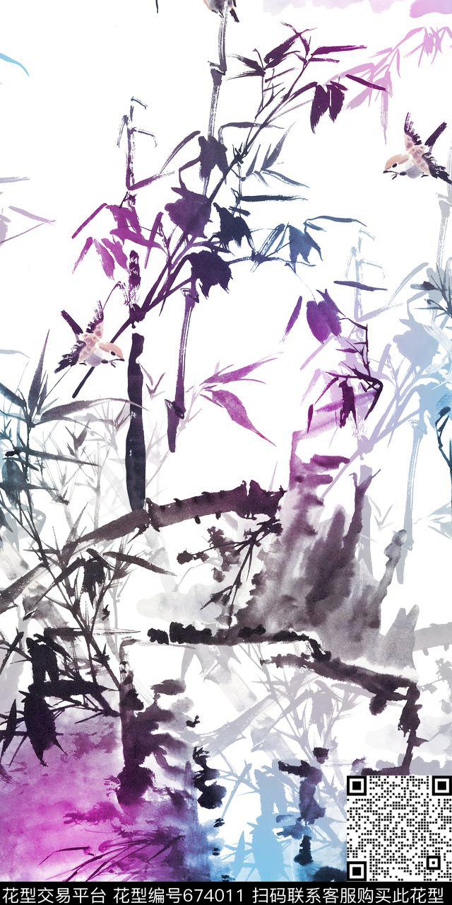 水墨画山水竹子数码印花华亿平台下载（图片编号: 674011） - 瓦栏（Walan）