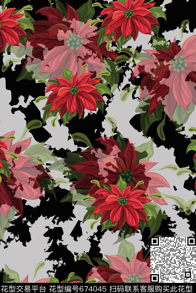 抽象花卉墨迹传统印花华亿平台下载（图片编号: 674045） - 瓦栏（Walan）