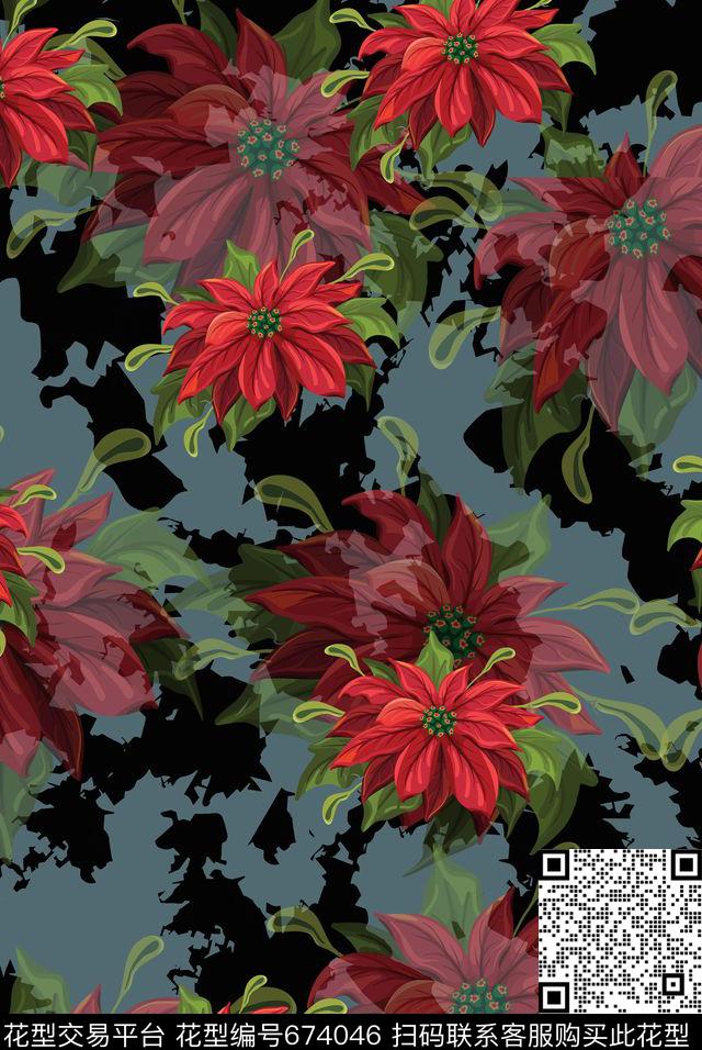 抽象花卉墨迹传统印花华亿平台下载（图片编号: 674046） - 瓦栏（Walan）