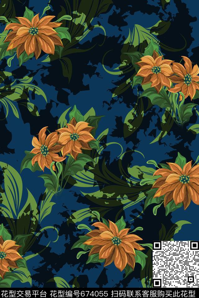墨迹花卉复古传统印花华亿平台下载（图片编号: 674055） - 瓦栏（Walan）