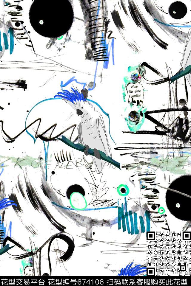 手绘鹦鹉趣味数码印花华亿平台下载（图片编号: 674106） - 瓦栏（Walan）