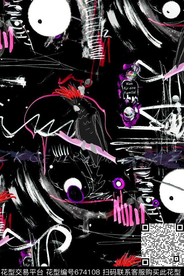 手绘鹦鹉趣味数码印花华亿平台下载（图片编号: 674108） - 瓦栏（Walan）