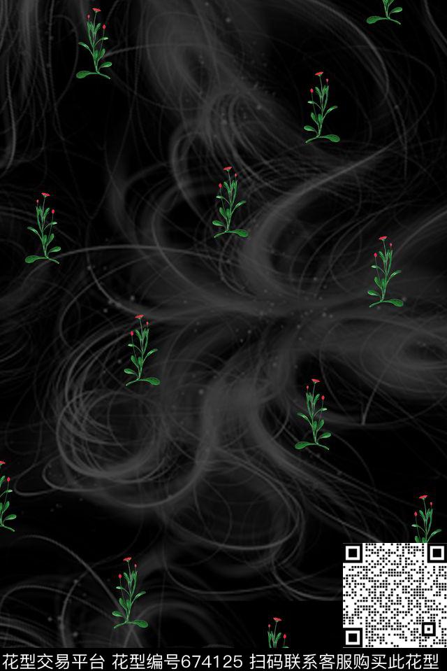 小花卉暗纹黑底数码印花华亿平台下载（图片编号: 674125） - 瓦栏（Walan）