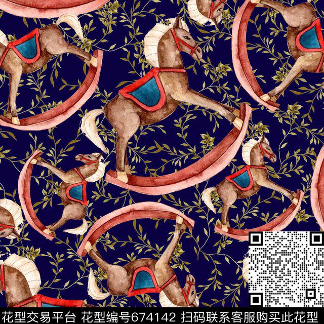 趣味童话摇摇木马叶子蔓藤底纹数码印花华亿平台下载（图片编号: 674142） - 瓦栏（Walan）