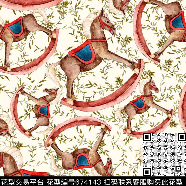 趣味童话摇摇木马叶子蔓藤底纹数码印花华亿平台下载（图片编号: 674143） - 瓦栏（Walan）