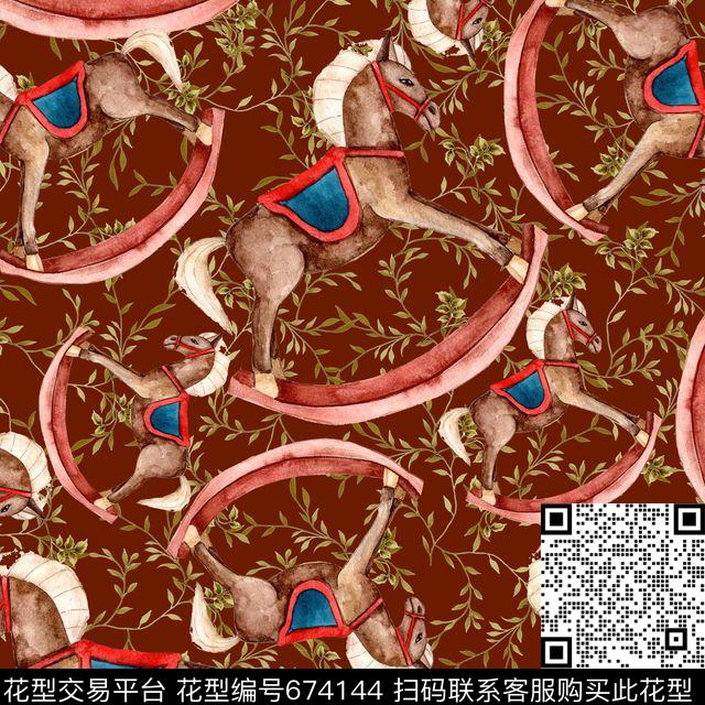 趣味童话摇摇木马叶子蔓藤底纹数码印花华亿平台下载（图片编号: 674144） - 瓦栏（Walan）