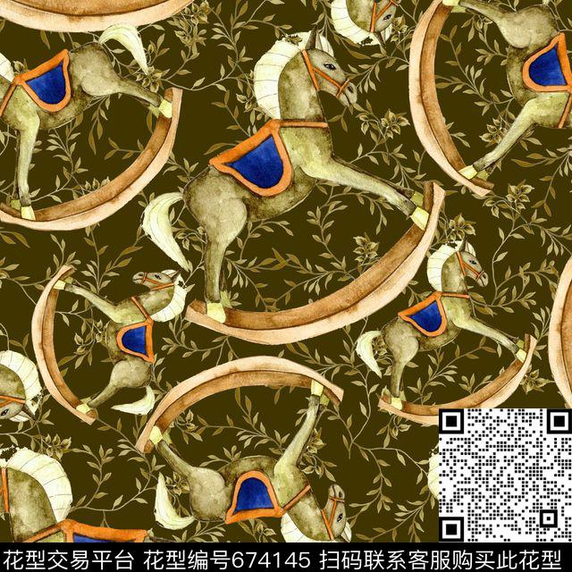 趣味童话摇摇木马叶子蔓藤底纹数码印花华亿平台下载（图片编号: 674145） - 瓦栏（Walan）