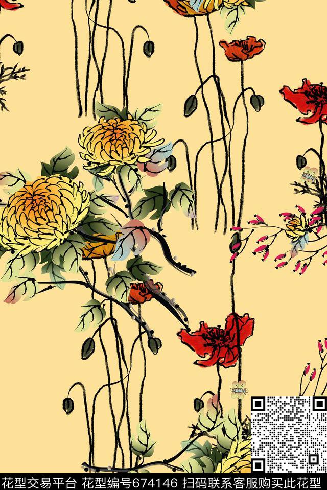 手绘中国风水墨数码印花华亿平台下载（图片编号: 674146） - 瓦栏（Walan）