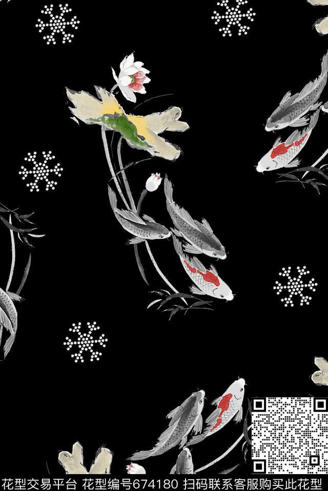 水墨钱塘荷花鲤鱼数码印花华亿平台下载（图片编号: 674180） - 瓦栏（Walan）