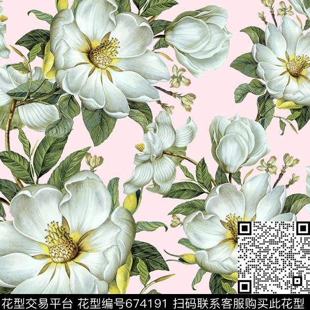 花卉大花玉兰花数码印花华亿平台下载（图片编号: 674191） - 瓦栏（Walan）