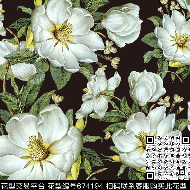 花卉大花玉兰花数码印花华亿平台下载（图片编号: 674194） - 瓦栏（Walan）