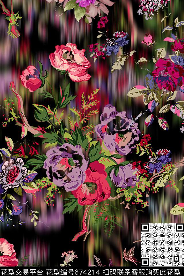 时尚抽象手绘女装裙子复古花卉数码印花时尚潮流女装大牌雪纺真丝棉布料印花高档朦胧渐变纹理印花数码印花华亿平台下载（图片编号: 674214） - 瓦栏（Walan）