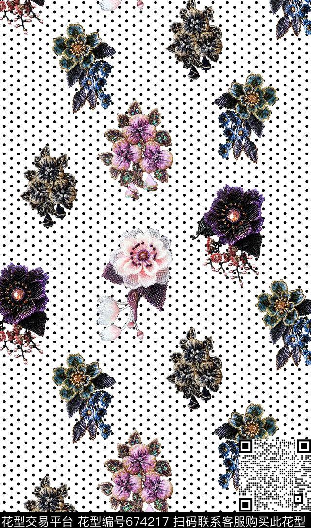 钉珠花卉珠宝数码印花华亿平台下载（图片编号: 674217） - 瓦栏（Walan）