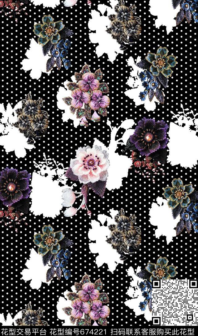 钉珠花卉珠宝数码印花华亿平台下载（图片编号: 674221） - 瓦栏（Walan）