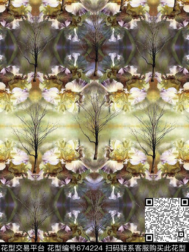 油画花卉枯树数码印花华亿平台下载（图片编号: 674224） - 瓦栏（Walan）