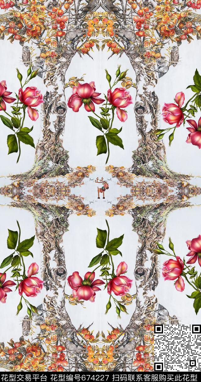 树叶花卉玫瑰数码印花华亿平台下载（图片编号: 674227） - 瓦栏（Walan）
