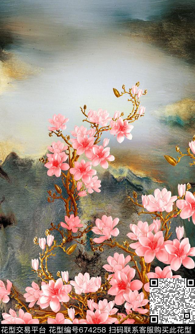水墨花卉花卉数码印花华亿平台下载（图片编号: 674258） - 瓦栏（Walan）