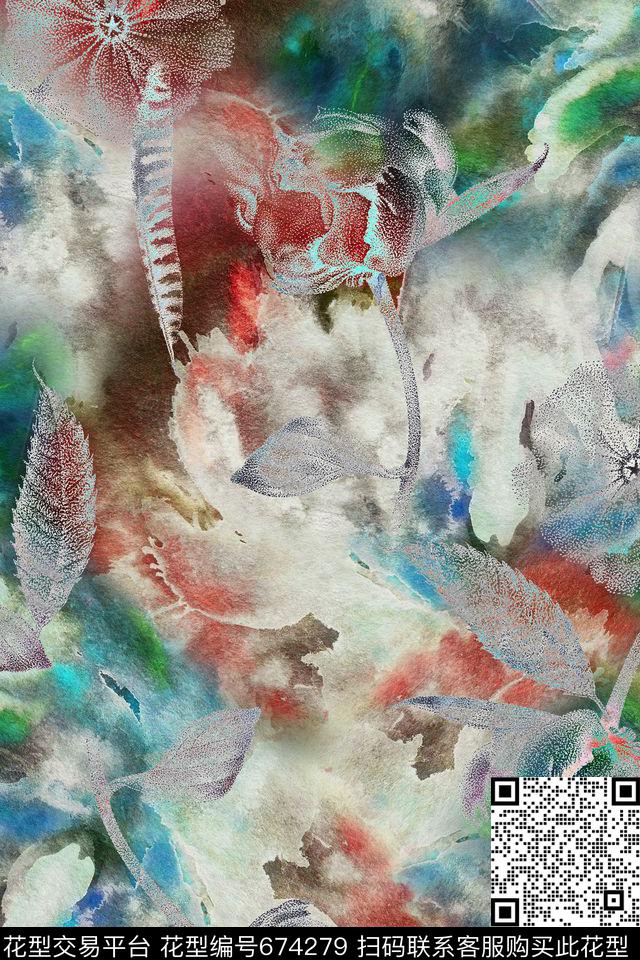 肌理花卉水彩数码印花华亿平台下载（图片编号: 674279） - 瓦栏（Walan）