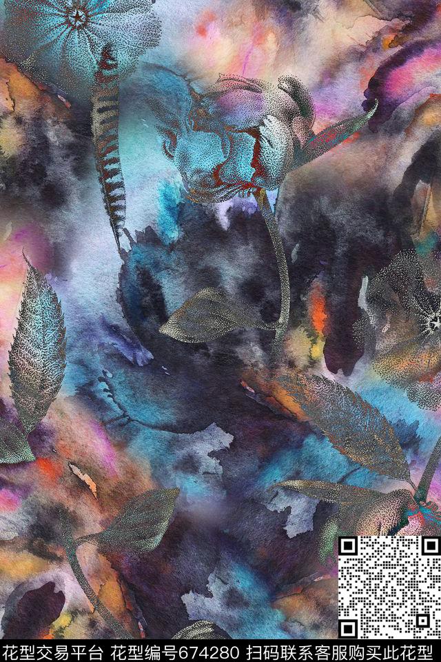 肌理花卉水彩数码印花华亿平台下载（图片编号: 674280） - 瓦栏（Walan）