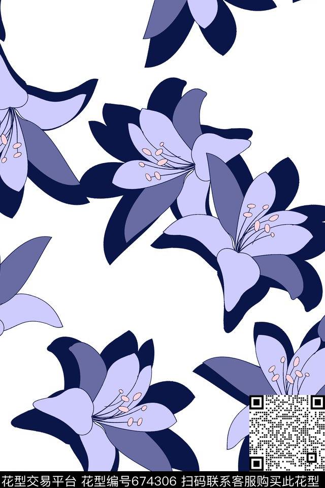 流行时尚百合花卉传统印花华亿平台下载（图片编号: 674306） - 瓦栏（Walan）