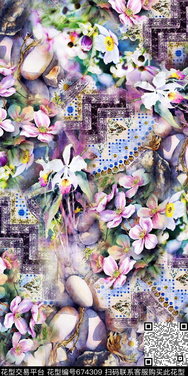 水彩花卉格子抽象数码印花华亿平台下载（图片编号: 674309） - 瓦栏（Walan）