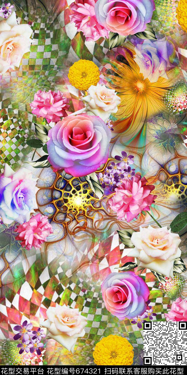 抽象底数码科技多彩花卉数码印花华亿平台下载（图片编号: 674321） - 瓦栏（Walan）
