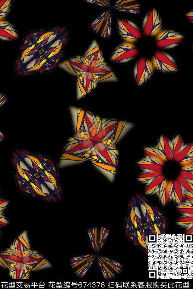 抽象花卉抽象图案炫彩几何拼贴数码印花华亿平台下载（图片编号: 674376） - 瓦栏（Walan）