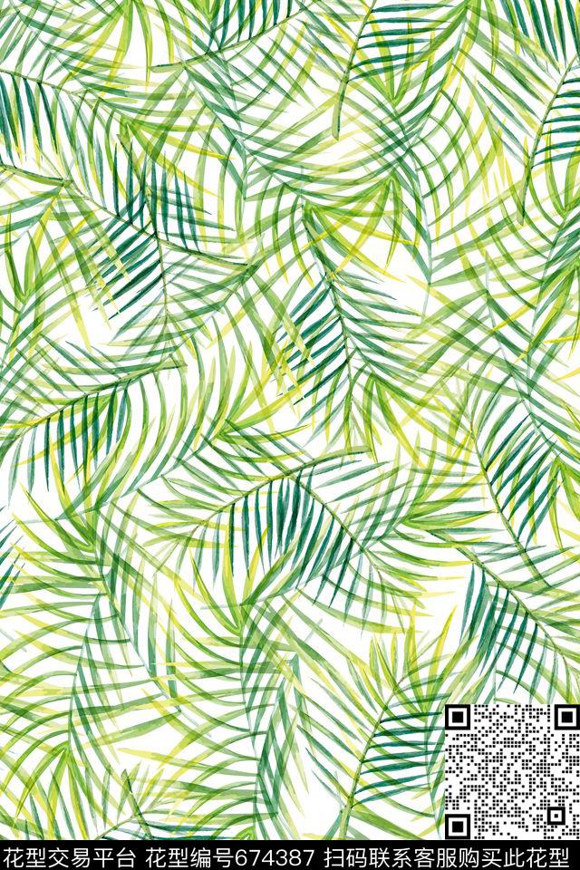 手绘植物叶子棕榈叶热带风情数码印花华亿平台下载（图片编号: 674387） - 瓦栏（Walan）