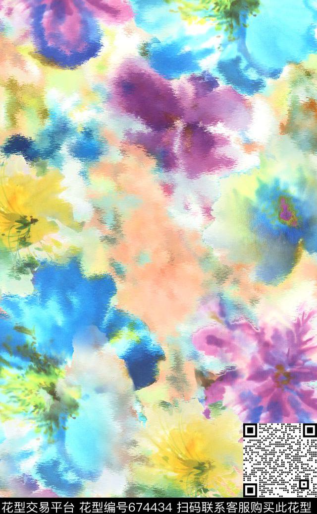 花卉写意手绘数码印花华亿平台下载（图片编号: 674434） - 瓦栏（Walan）