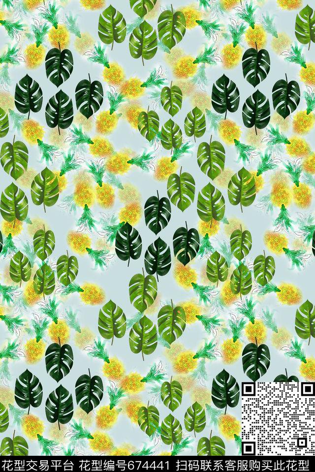 热带海滨度假龟背竹叶子手绘菠萝数码印花华亿平台下载（图片编号: 674441） - 瓦栏（Walan）