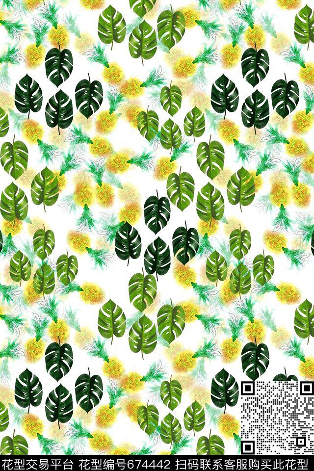 热带海滨度假龟背竹叶子手绘菠萝数码印花华亿平台下载（图片编号: 674442） - 瓦栏（Walan）