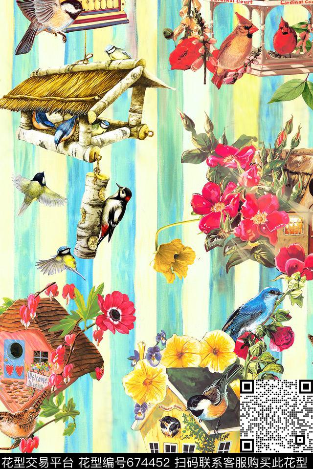 小鸟花卉鸟笼数码印花华亿平台下载（图片编号: 674452） - 瓦栏（Walan）