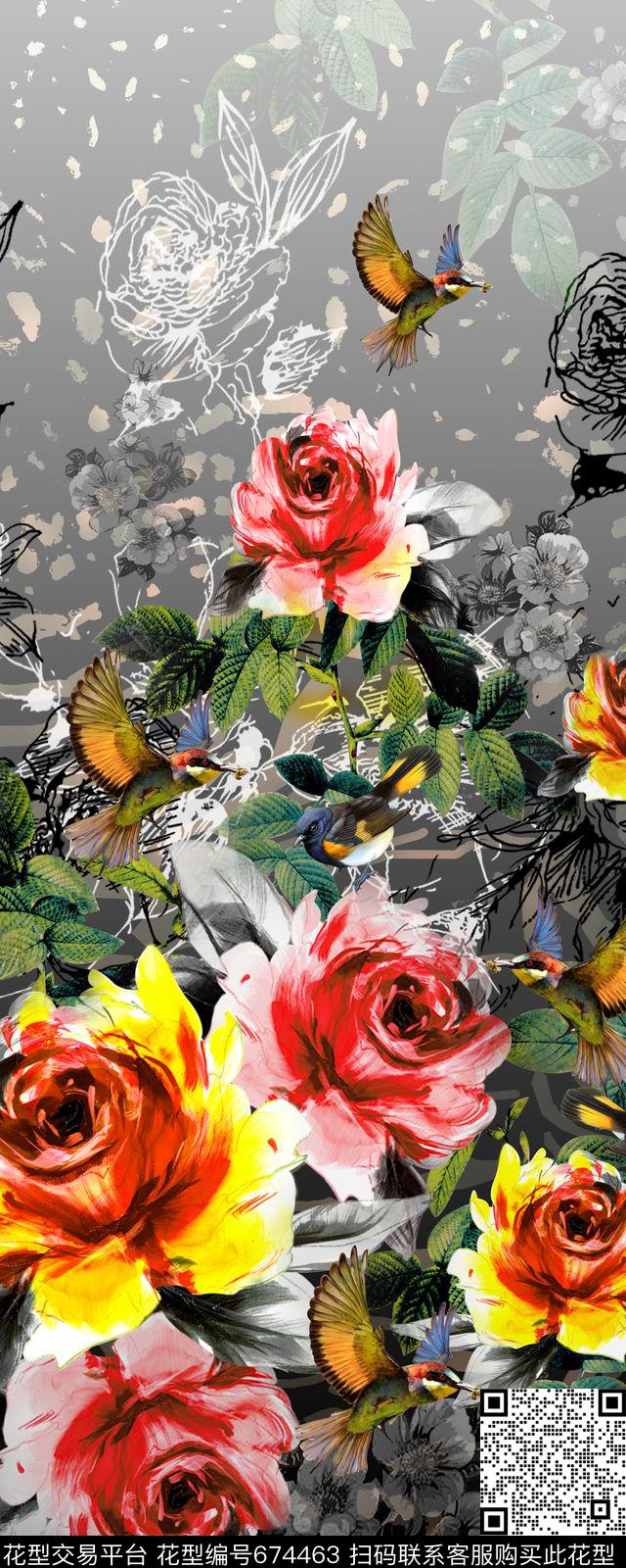 水彩花卉花朵渐变数码印花华亿平台下载（图片编号: 674463） - 瓦栏（Walan）