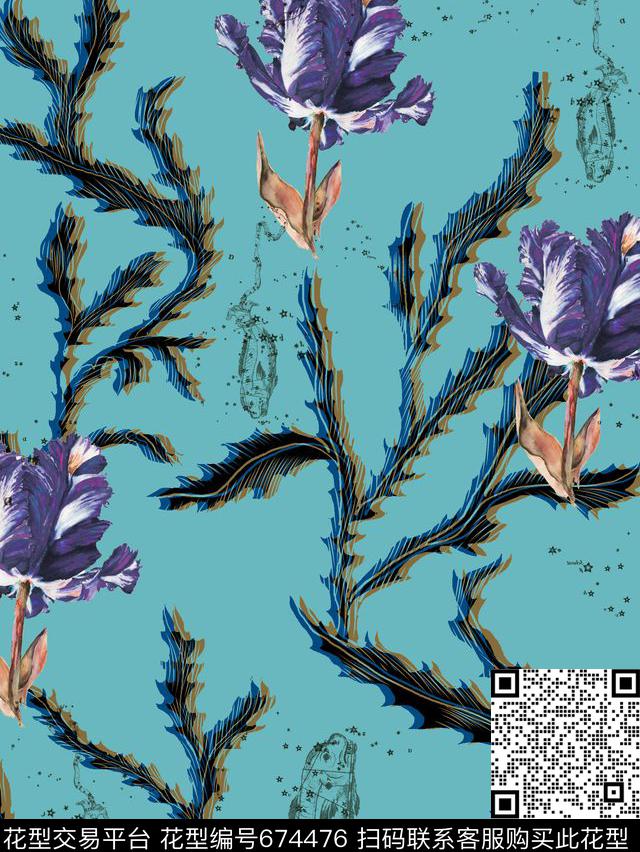 花卉海草鱼类数码印花华亿平台下载（图片编号: 674476） - 瓦栏（Walan）