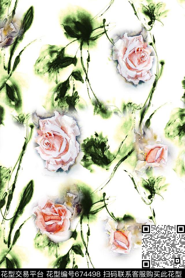 花卉水彩水墨数码印花华亿平台下载（图片编号: 674498） - 瓦栏（Walan）