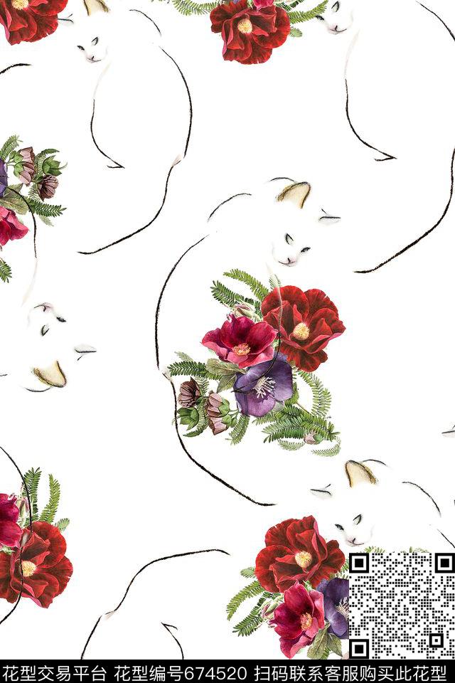 花卉手绘猫咪数码印花华亿平台下载（图片编号: 674520） - 瓦栏（Walan）