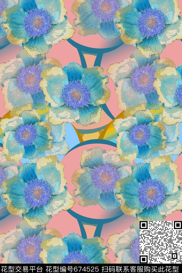 抽象写意组合花卉植物花卉数码印花华亿平台下载（图片编号: 674525） - 瓦栏（Walan）