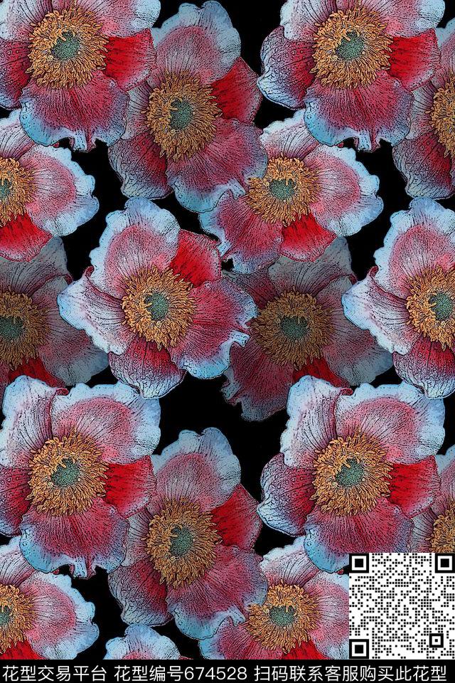 植物花卉抽象写意组合花卉数码印花华亿平台下载（图片编号: 674528） - 瓦栏（Walan）