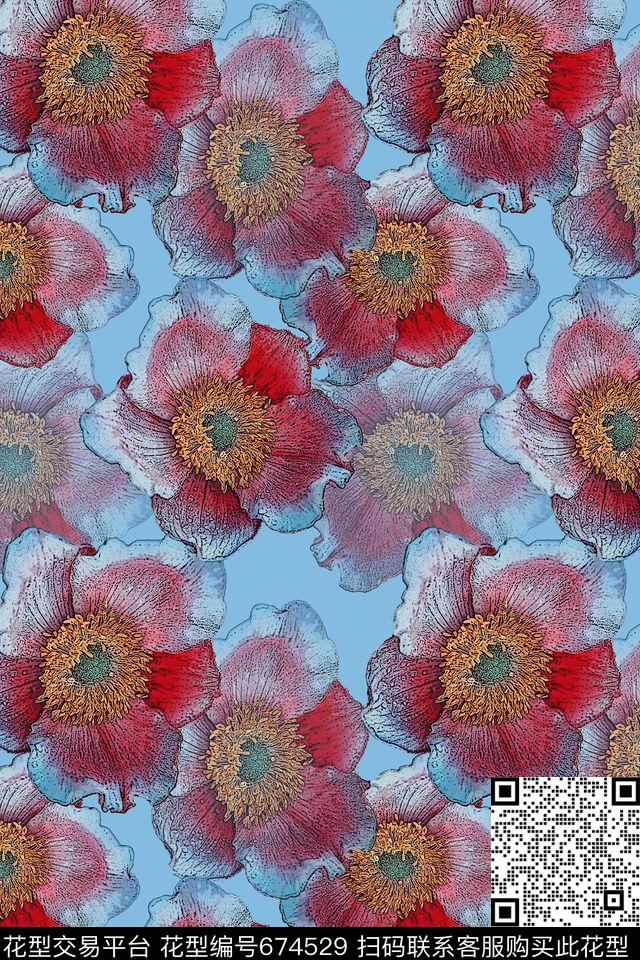 植物花卉抽象写意组合花卉数码印花华亿平台下载（图片编号: 674529） - 瓦栏（Walan）
