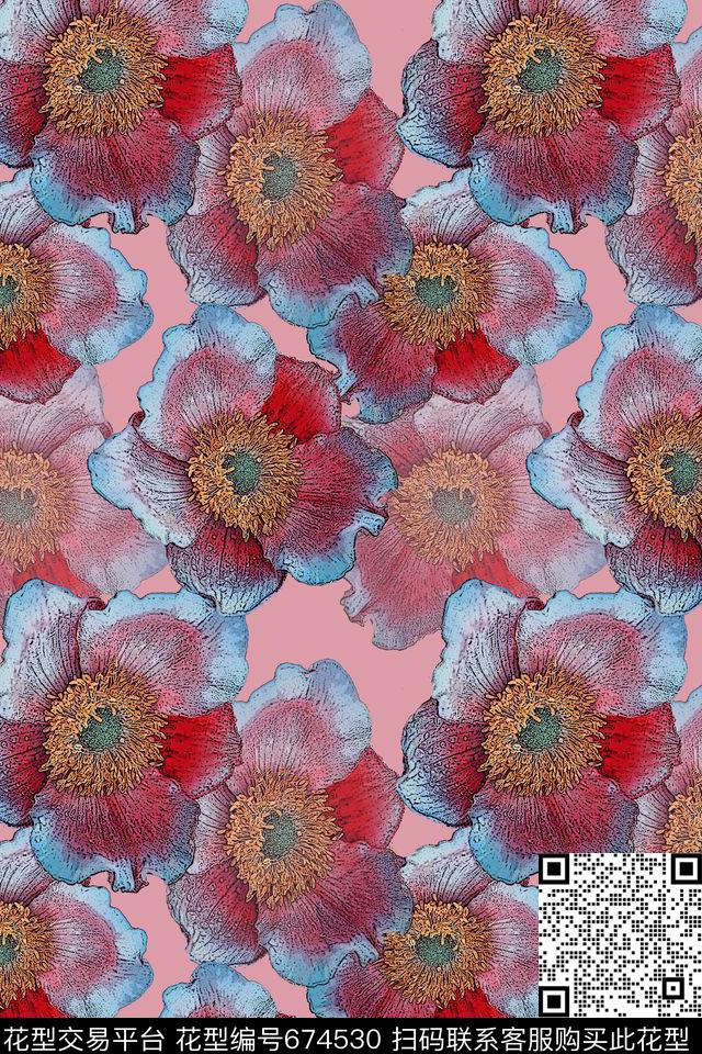 植物花卉抽象写意组合花卉数码印花华亿平台下载（图片编号: 674530） - 瓦栏（Walan）