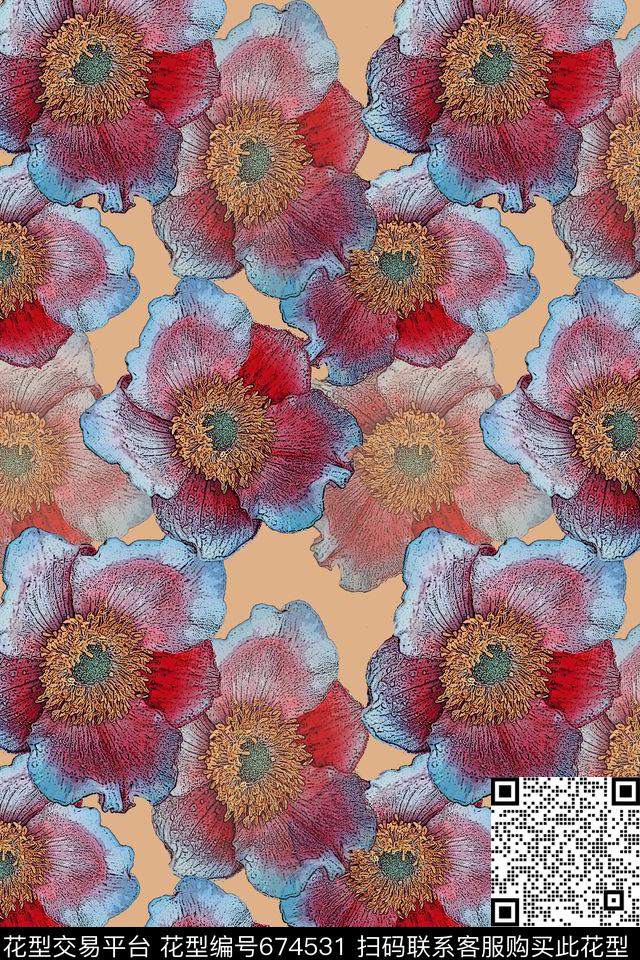 植物花卉抽象写意组合花卉数码印花华亿平台下载（图片编号: 674531） - 瓦栏（Walan）