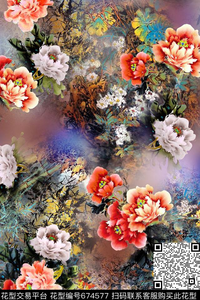 中国风云纹大花数码印花华亿平台下载（图片编号: 674577） - 瓦栏（Walan）