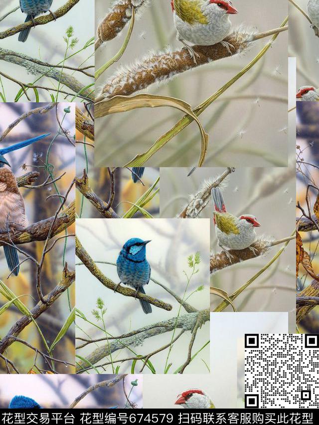小清新树枝小鸟数码印花华亿平台下载（图片编号: 674579） - 瓦栏（Walan）