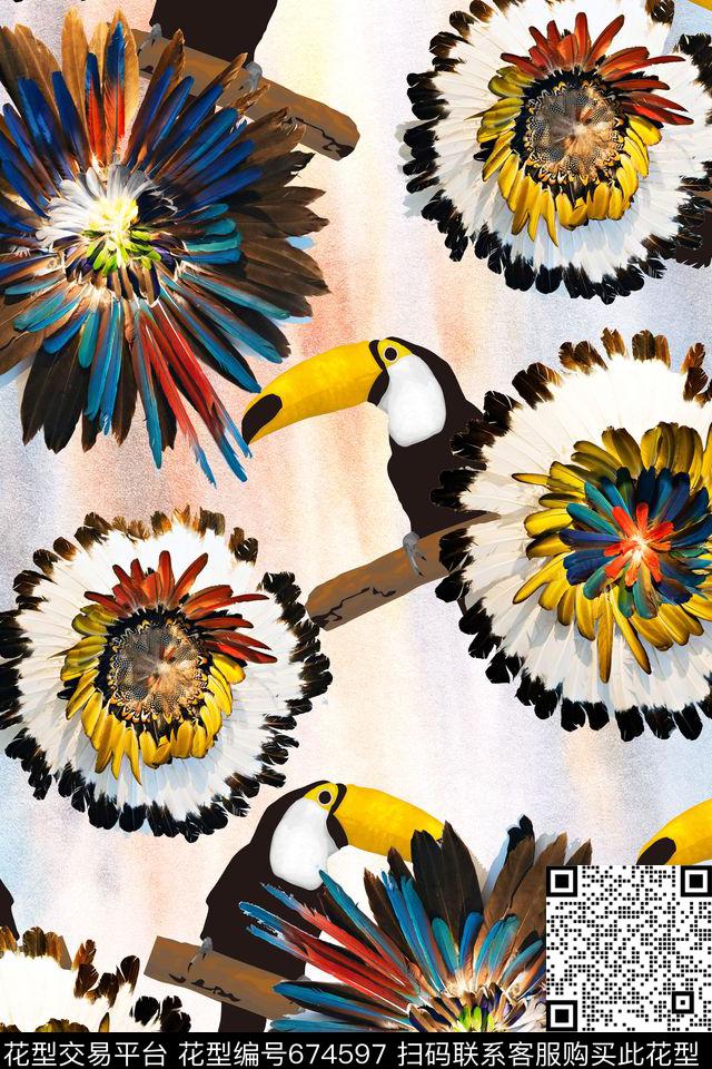 大嘴鸟羽毛花数码印花华亿平台下载（图片编号: 674597） - 瓦栏（Walan）