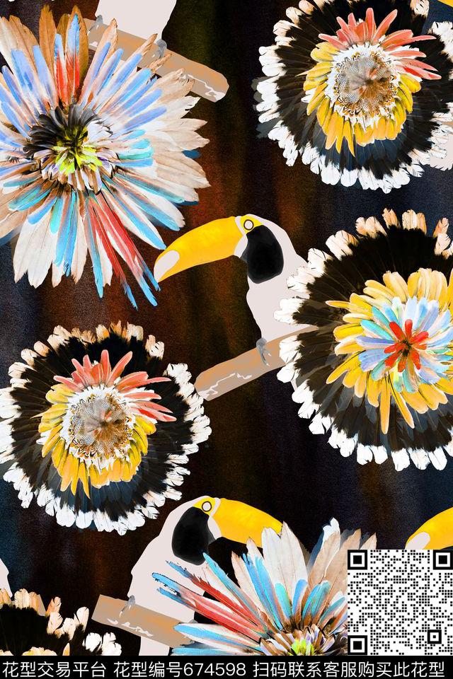 大嘴鸟羽毛花数码印花华亿平台下载（图片编号: 674598） - 瓦栏（Walan）