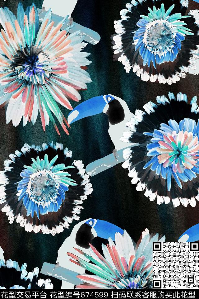 大嘴鸟羽毛花数码印花华亿平台下载（图片编号: 674599） - 瓦栏（Walan）