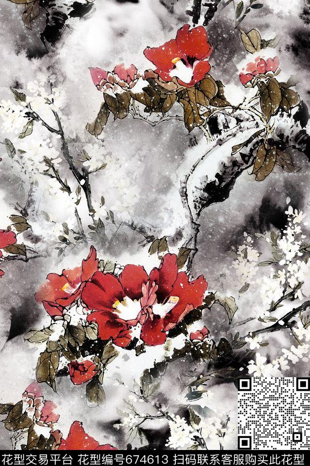 中国风国画花卉树枝数码印花华亿平台下载（图片编号: 674613） - 瓦栏（Walan）