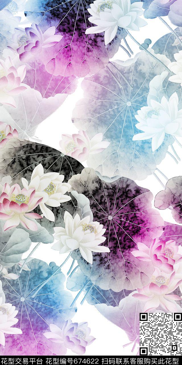 荷叶荷花花卉数码印花华亿平台下载（图片编号: 674622） - 瓦栏（Walan）