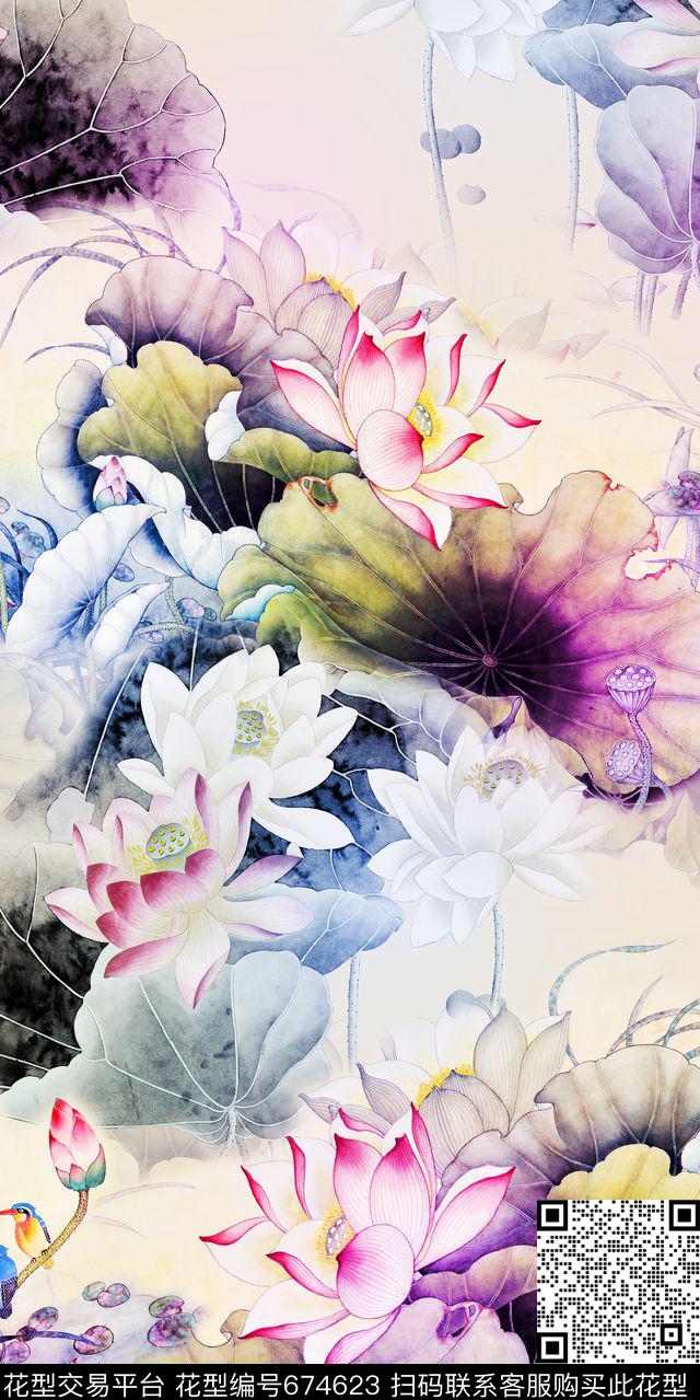 荷叶荷花小鸟数码印花华亿平台下载（图片编号: 674623） - 瓦栏（Walan）