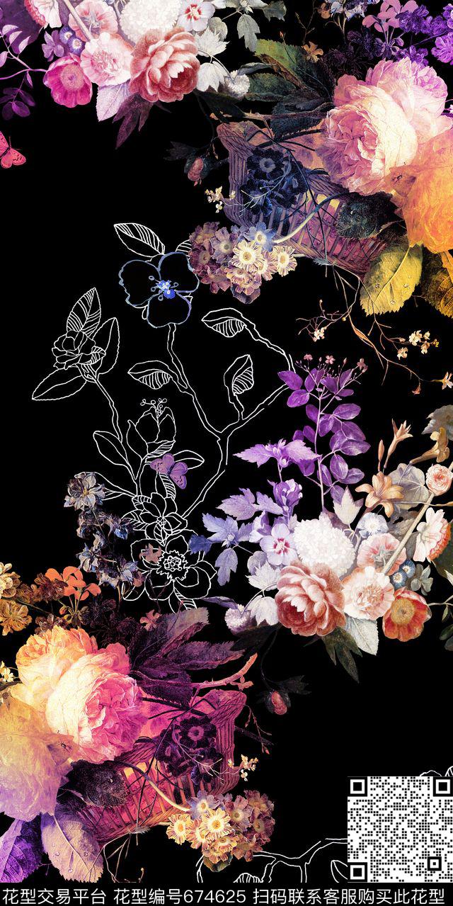 黑底大花花朵花卉数码印花华亿平台下载（图片编号: 674625） - 瓦栏（Walan）